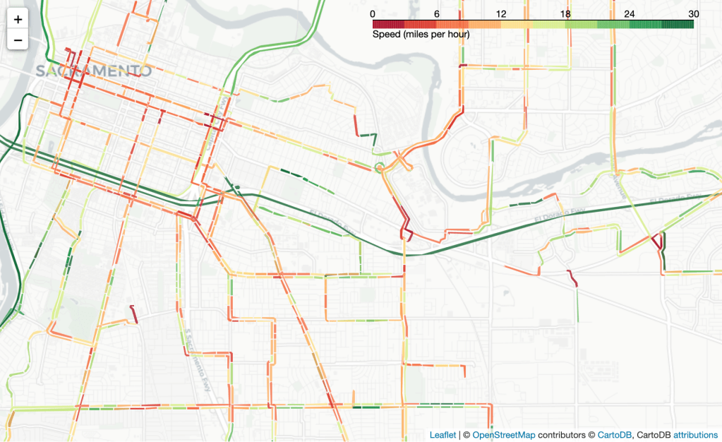 Map from CalITP Transit Speed, SacRT routes downtown & south Sac.