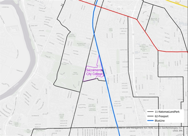 map showing Sacramento City College and transit routes