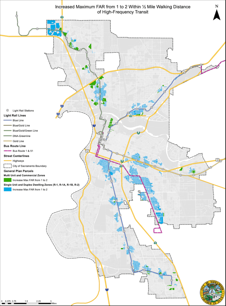 map of increased FAR within 1/2 mile of transit