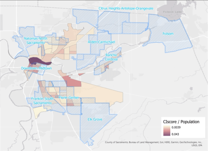 STAR map of SmartRide zones and SB 535 disadvantaged communities with symbology for CIscore weighted by population