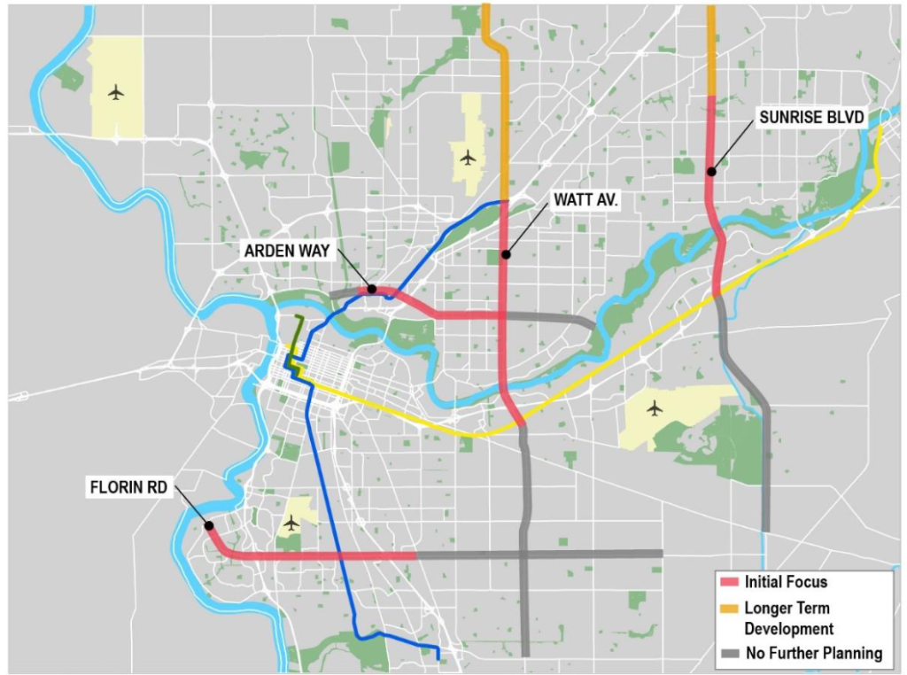 SacRT map of potential BRT routes