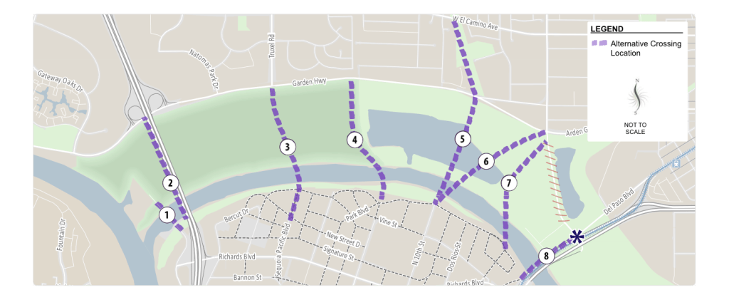 map of eight American River crossing alternatives