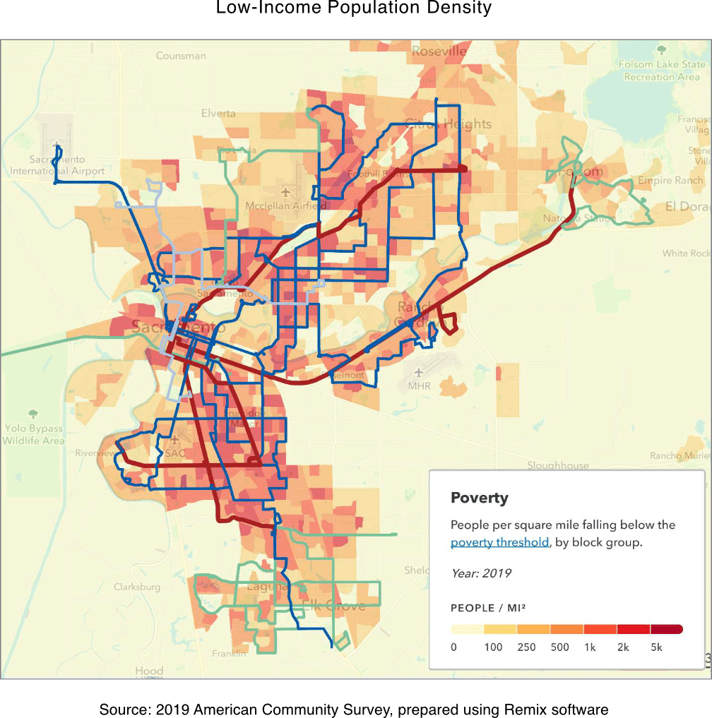 map of SacRT poverty and routes for 2024 service change proposal