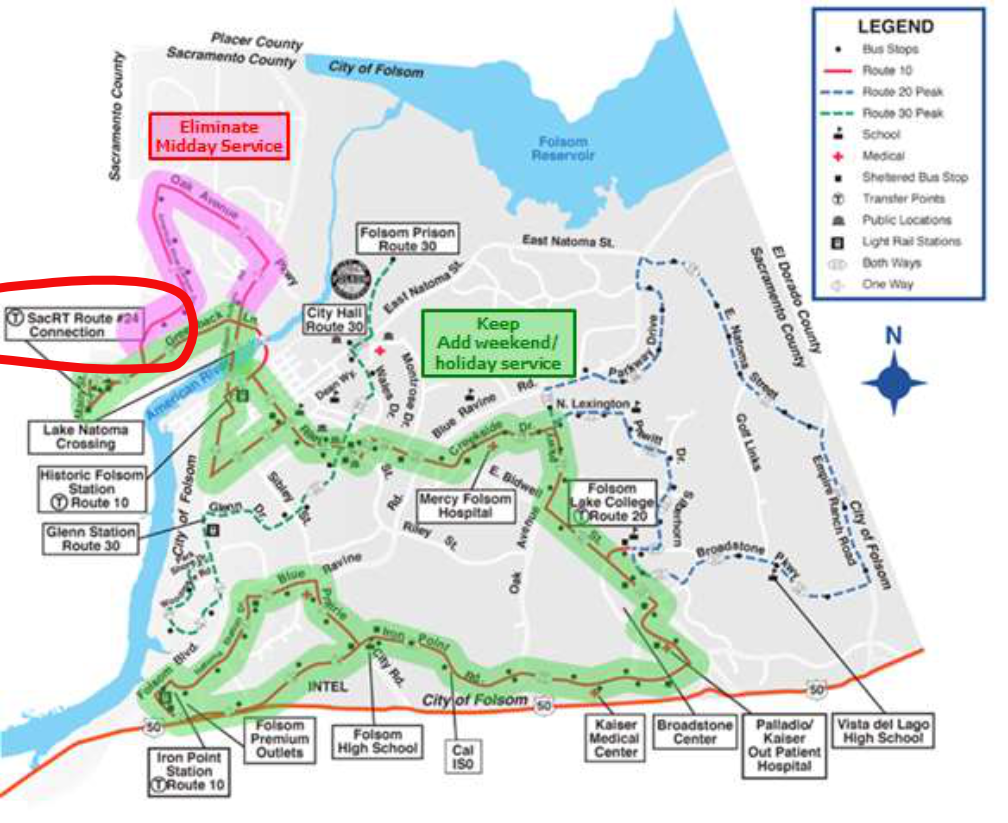map for Route F10 Folsom 2024 service change proposal