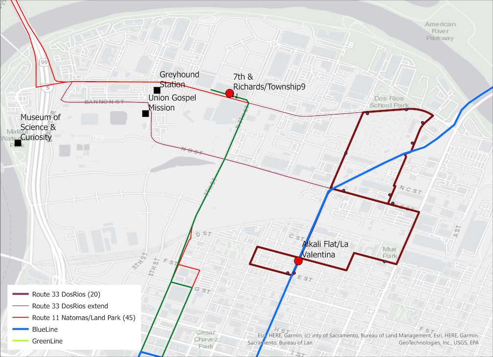 map of SacRT Route 33, with Blue Line and Green Line light rail, and Route 11 bus