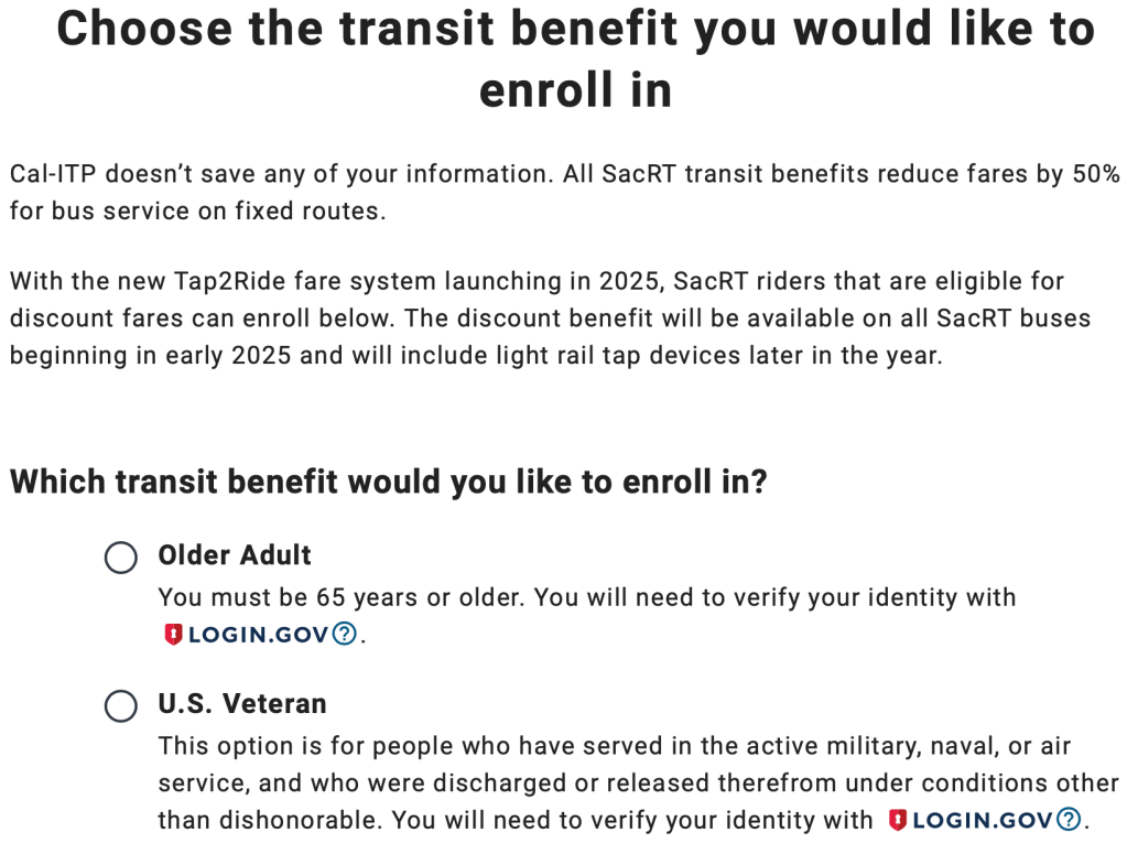 screen capture of Cal-ITP benefit selection page for SacRT