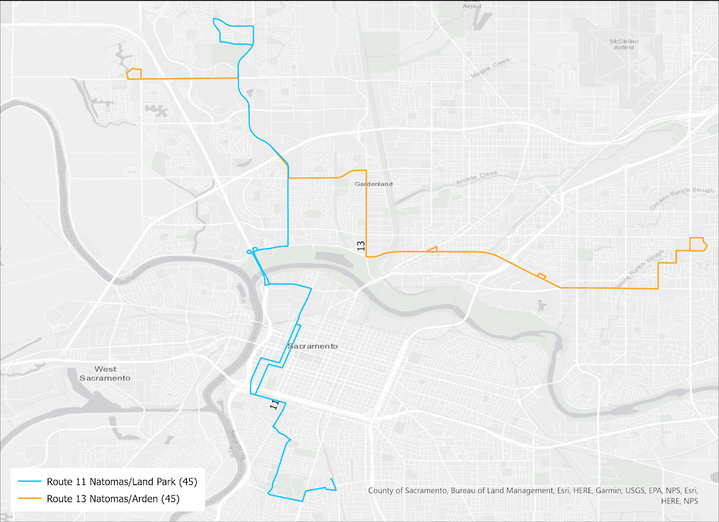 map of SacRT routes 11 & 13