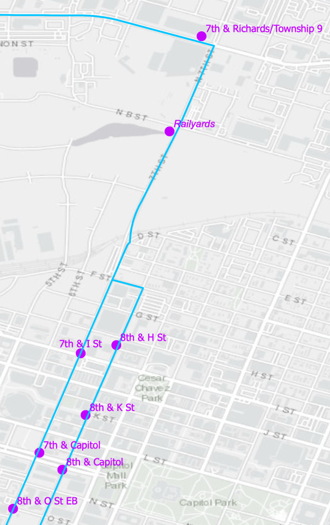 map of SacRT Route 11 central area