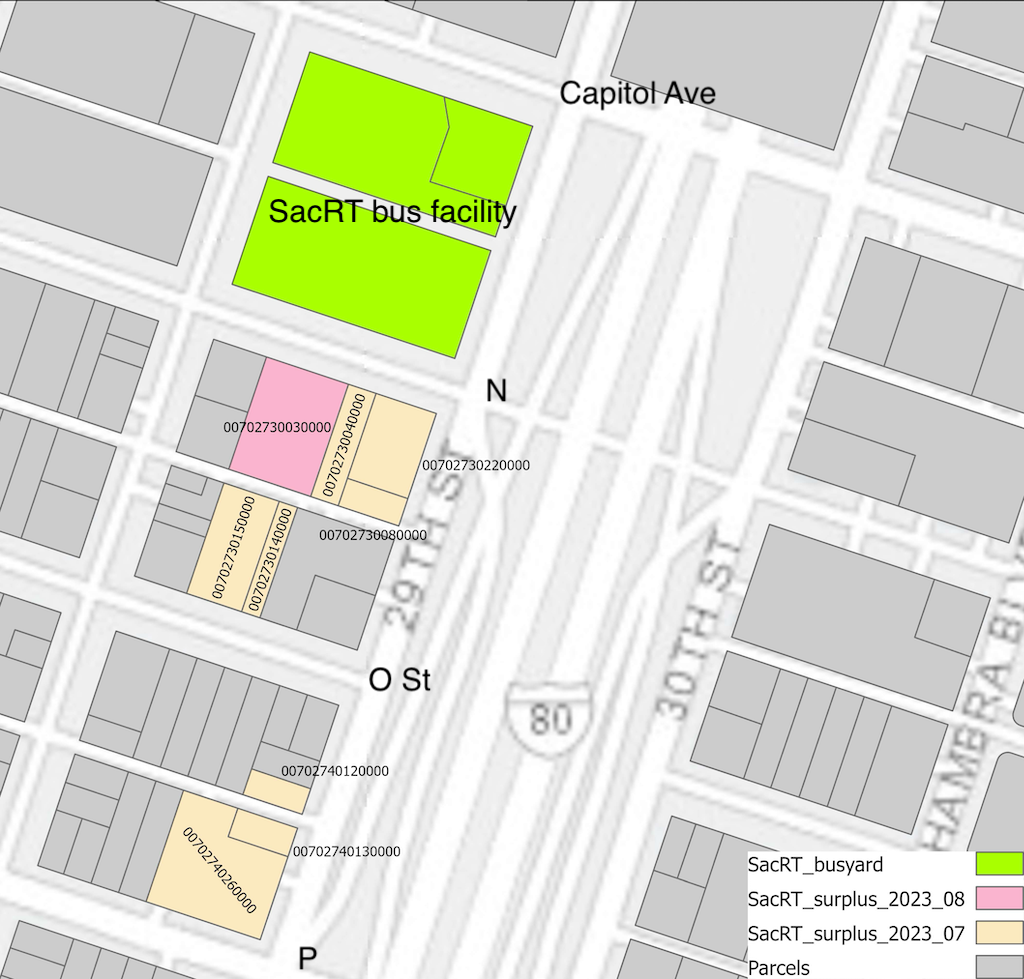 map of SacRT parcels to be surplussed